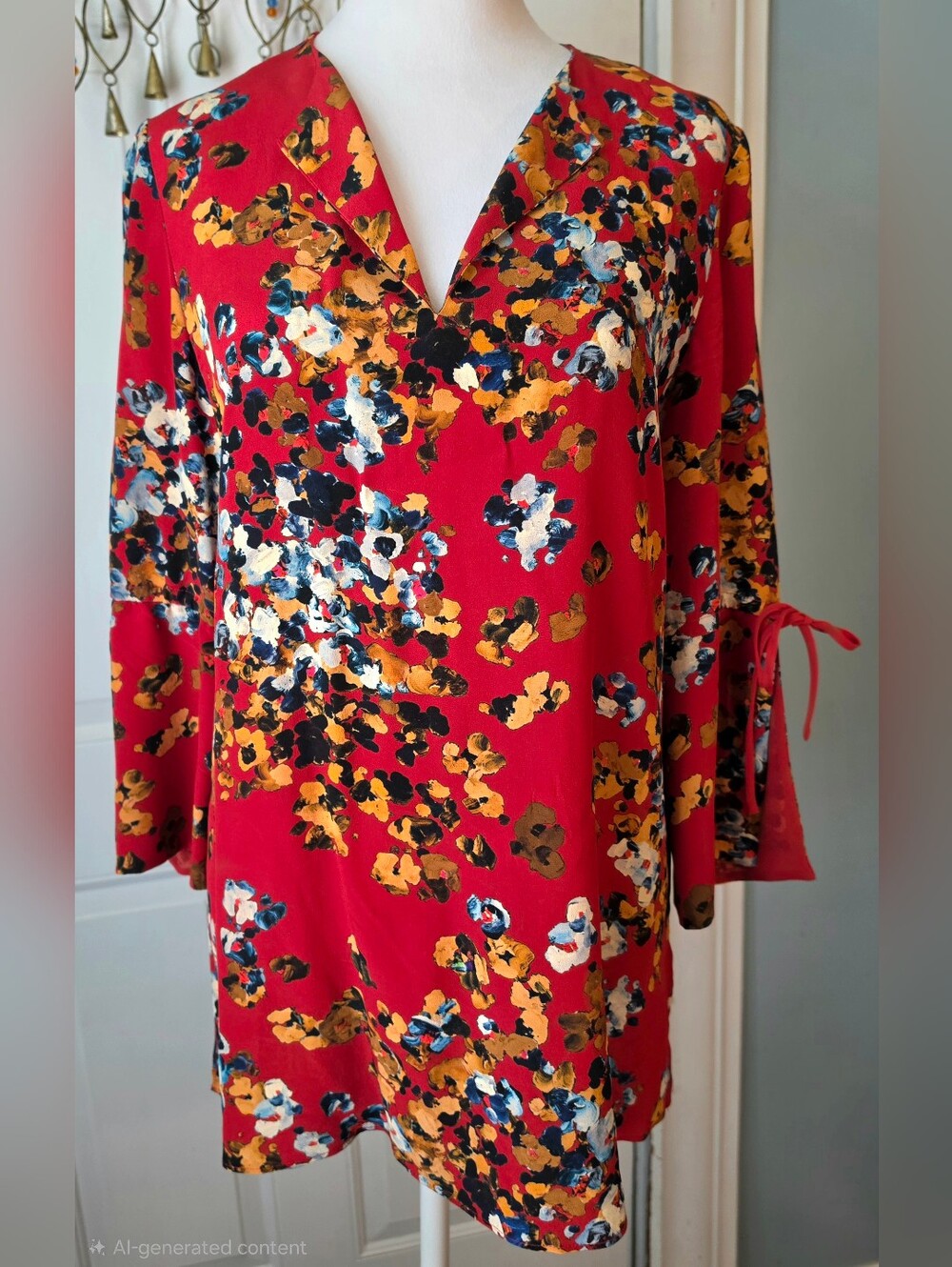 Lafayette 148 New York Sela Floral Print Silk Blouse Womens S Red 3/4 Bell Sleev - Picture 2 of 12